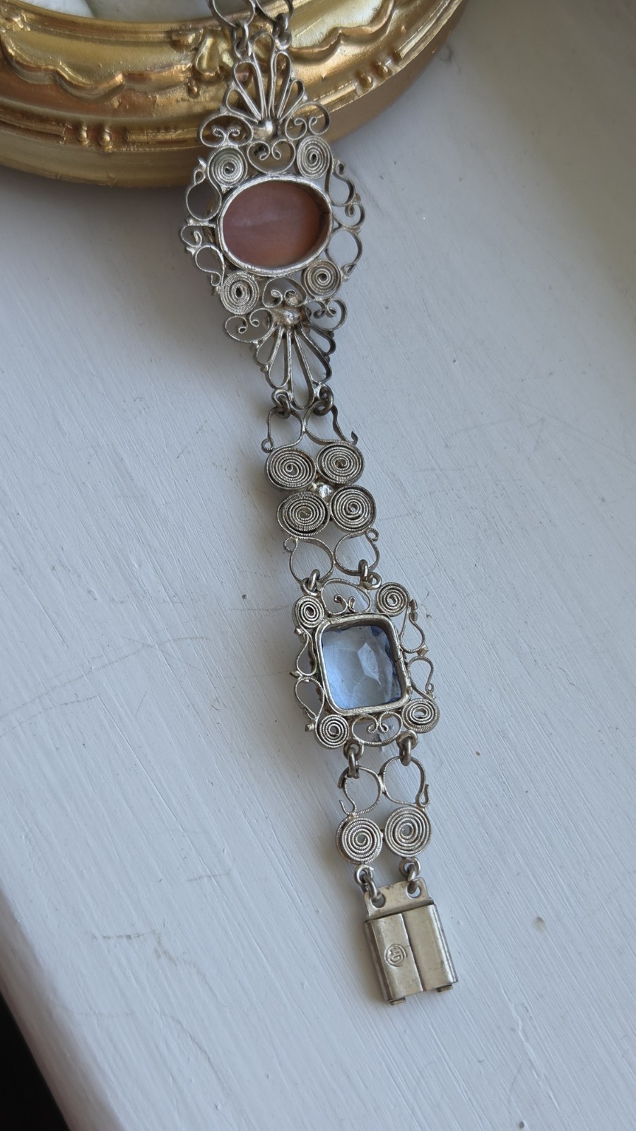 Vintage Art Deco Cannetille Filigree Cameo & Topaz Bracelet 7″