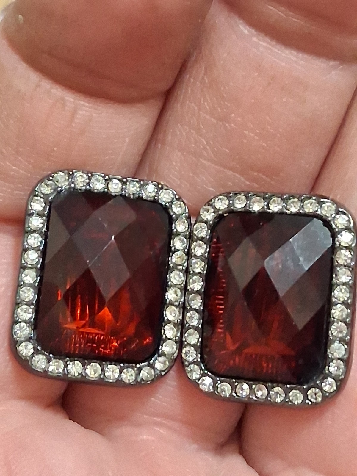 Red faceted acrylic rectangle clip on halo earrings, clear rhinestone border