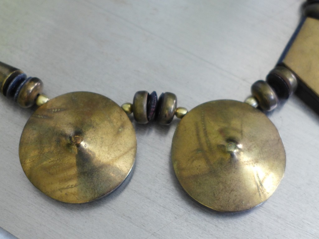 Estate Vintage Large Metal /Resin/Leather Cord Statement BOHO Tribal Necklace