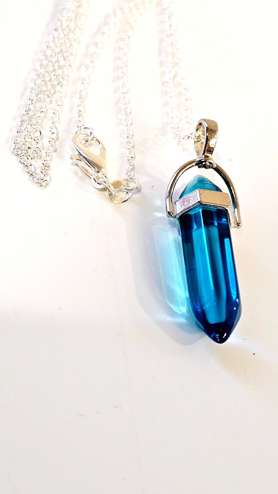 Aquamarine Bullet Point Pendant Necklace on 24′ Silver Chain