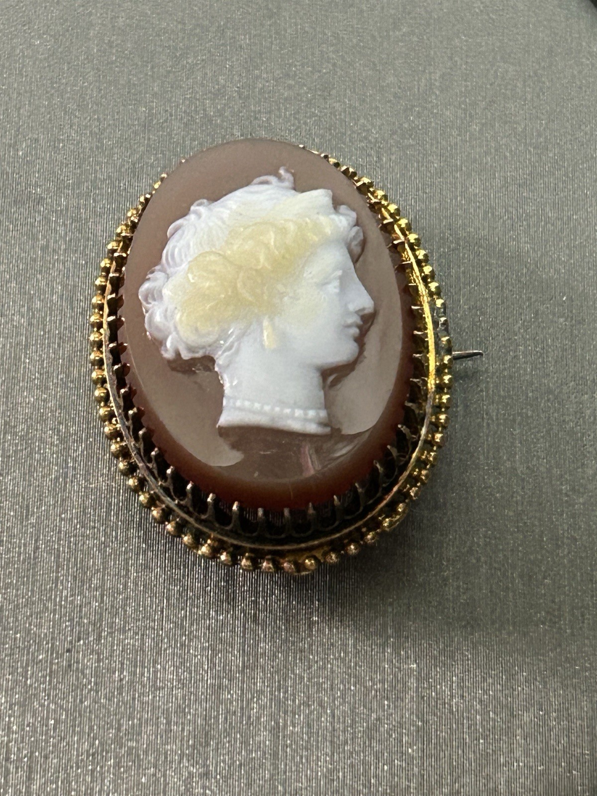 Antique Carved Shell Cameo Brooch Gold Frame Victorian Lady Portrait*