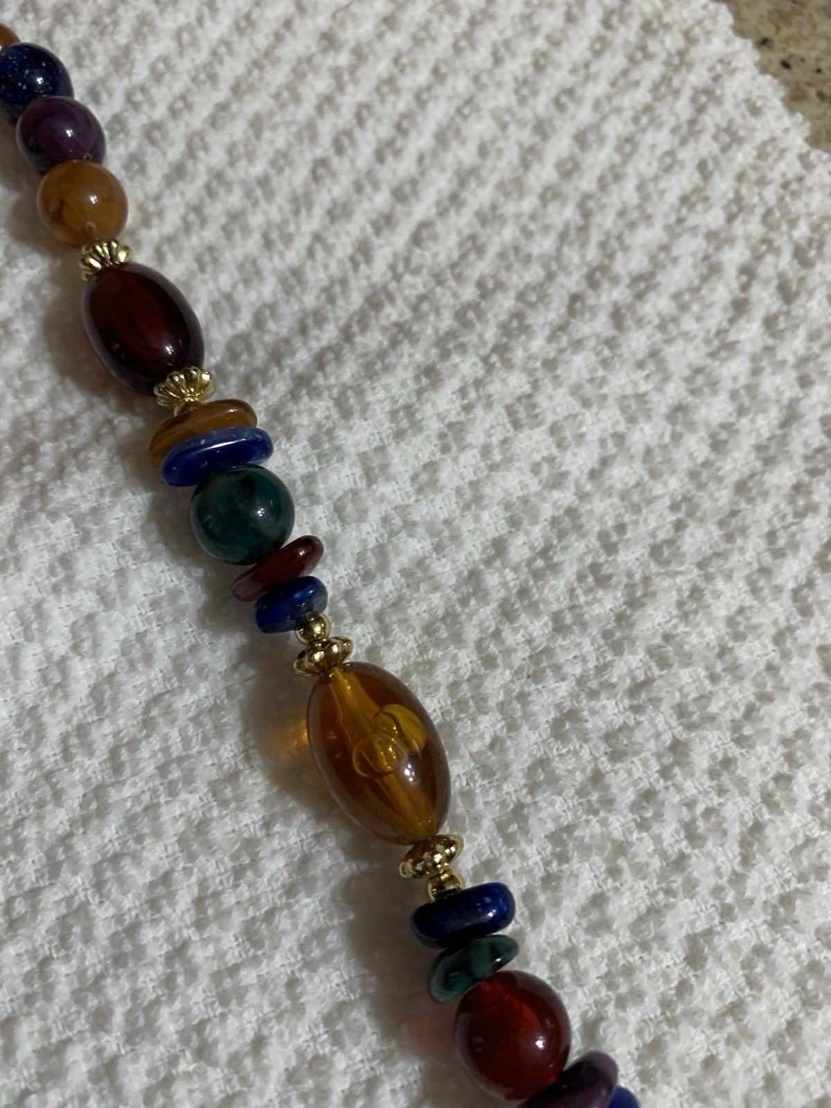 VTG Colorful Faux Stone Beaded Necklace with Gold Spacers Fall Colors