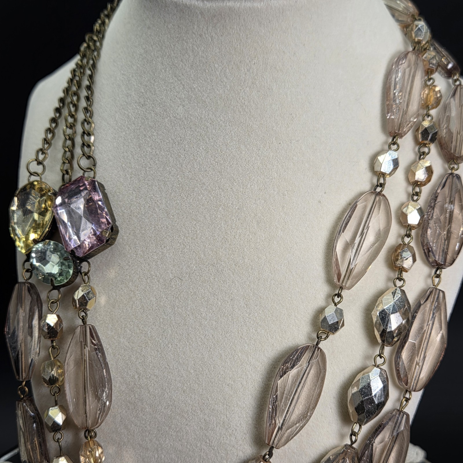 Fabulous Vintage Faceted Lucite Multistrand Statement Necklace Pastel Large Gems