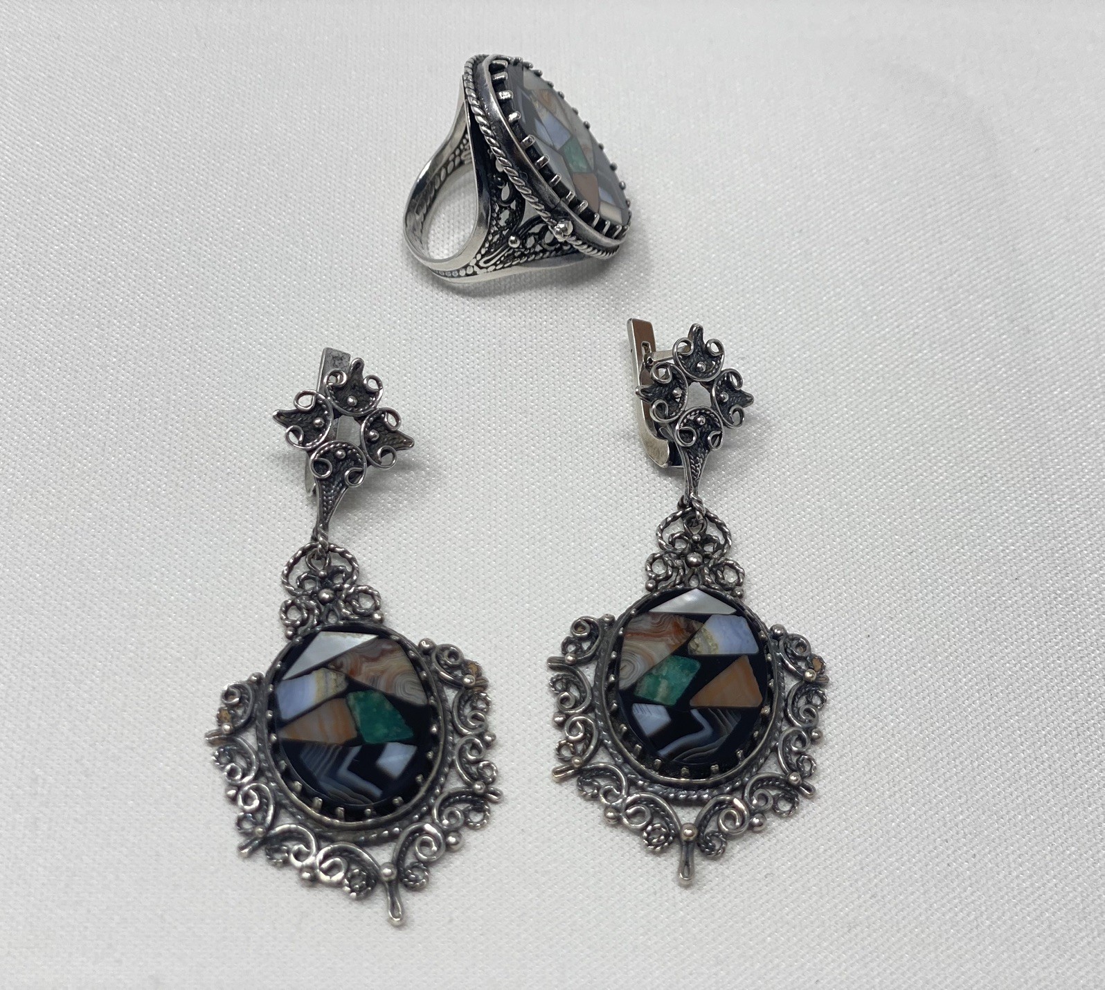 Vintage USSR 925 Sterling Silver Jewelry Set Ring & Earrings Mosaic Stone Video