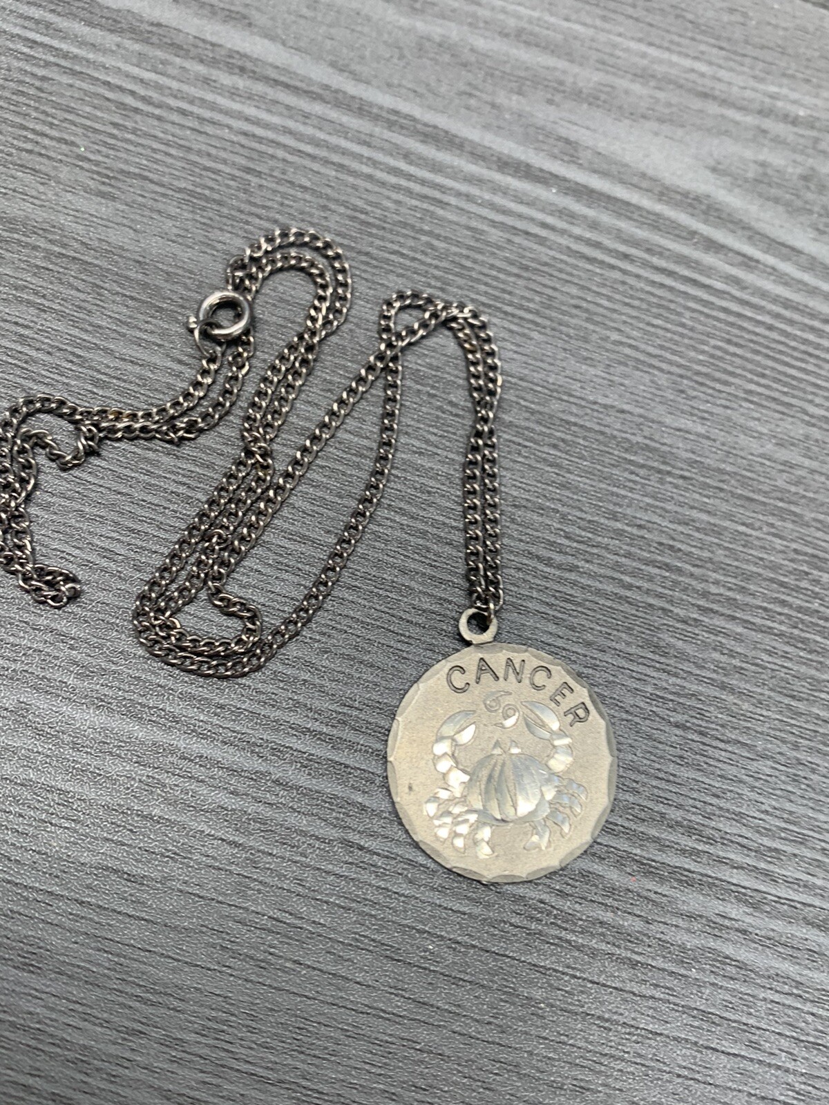 Vintage Pewter BDA Zodiac astrology Cancer Hand Engraved Pendant Necklace 18”