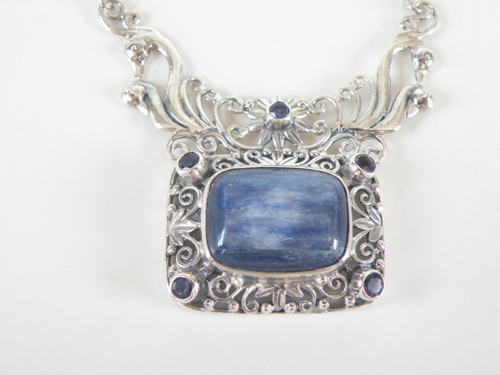Sterling Silver 925 Natural Kyanite Iolite Art Nouveau Style Necklace 18″