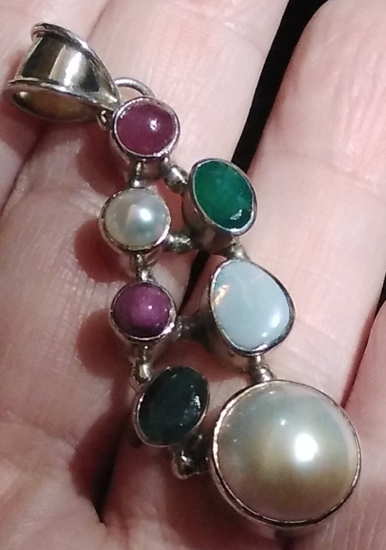 Unique Sterling Silver Opal Ruby Emerald Pearl One Of A Kind Pendant w Chain
