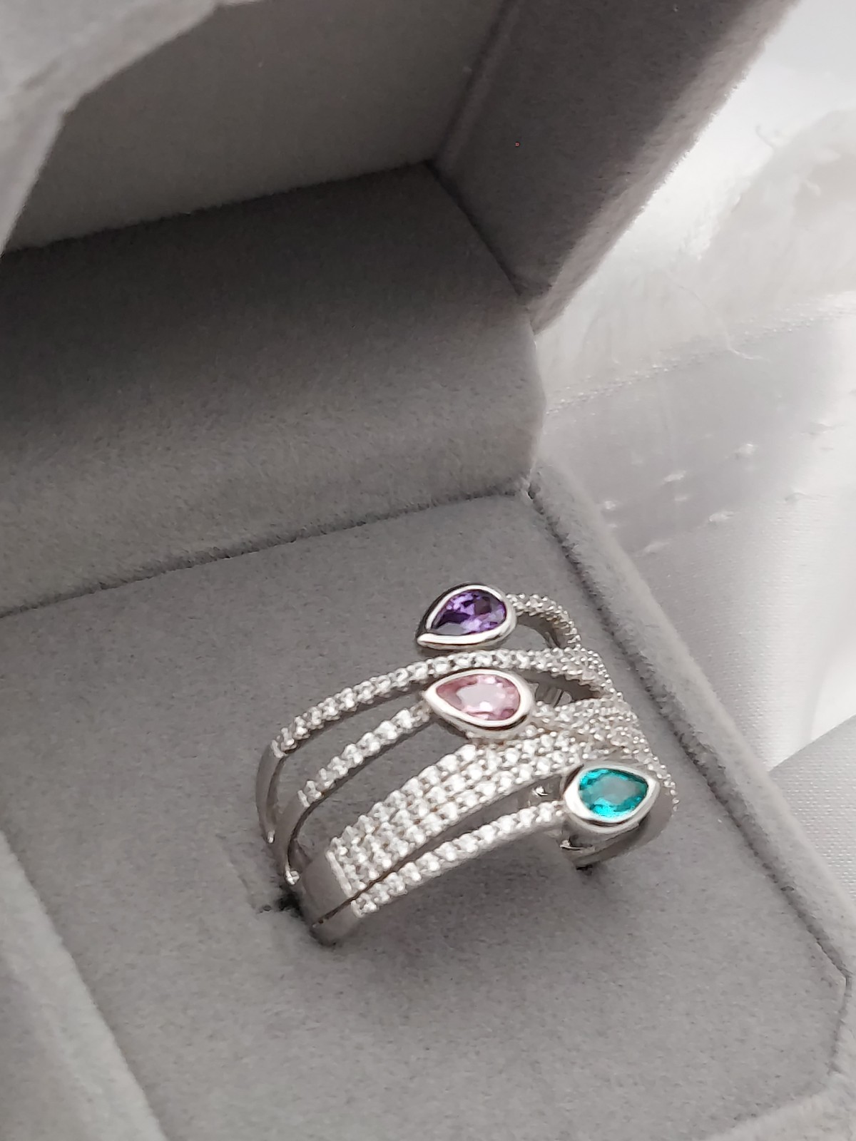 Vintage PJM 6Band Sterling Crystal Muti Color Pear Cut Gemstones Ring 5.9Gr Sz8