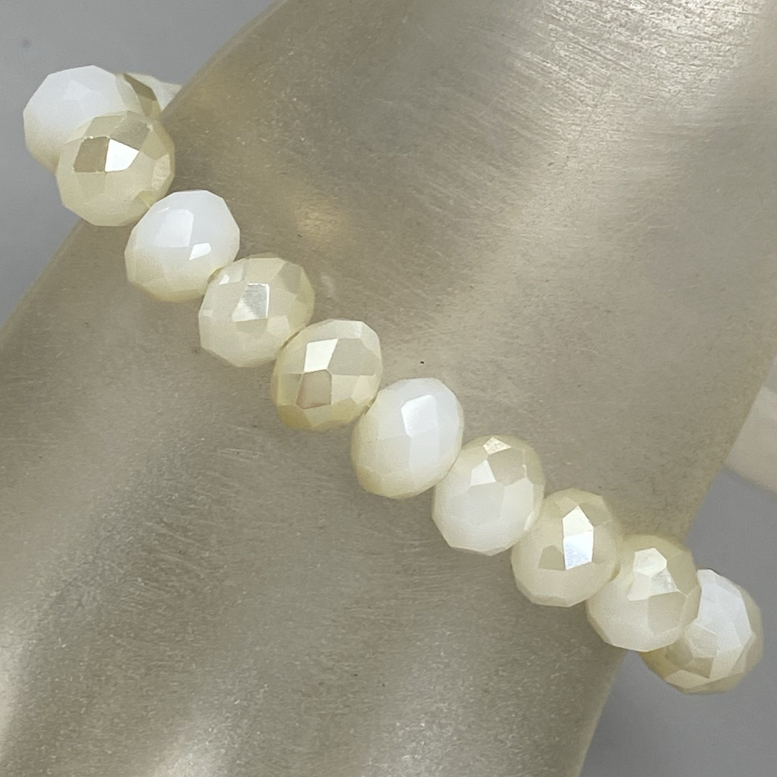White Glass Beaded Bracelet Fire Polished Iridescent Faceted Stretch Elastic 7″