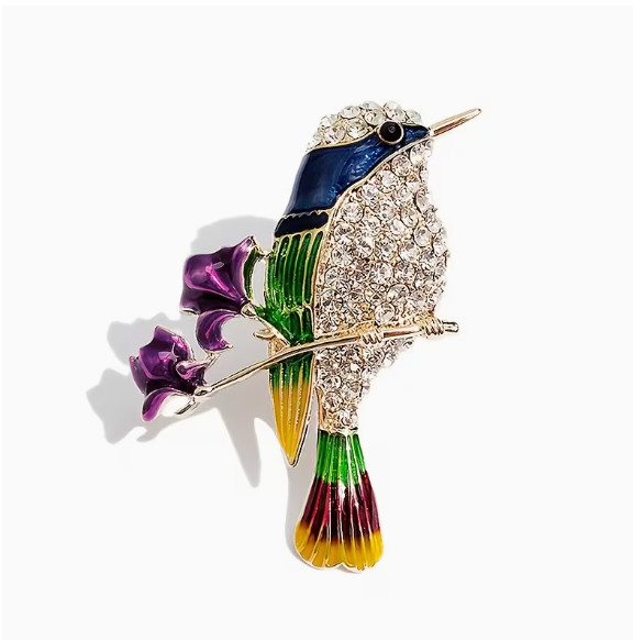 BROOCH-Enamel and Rhinestone Hummingbird with Purple Florals