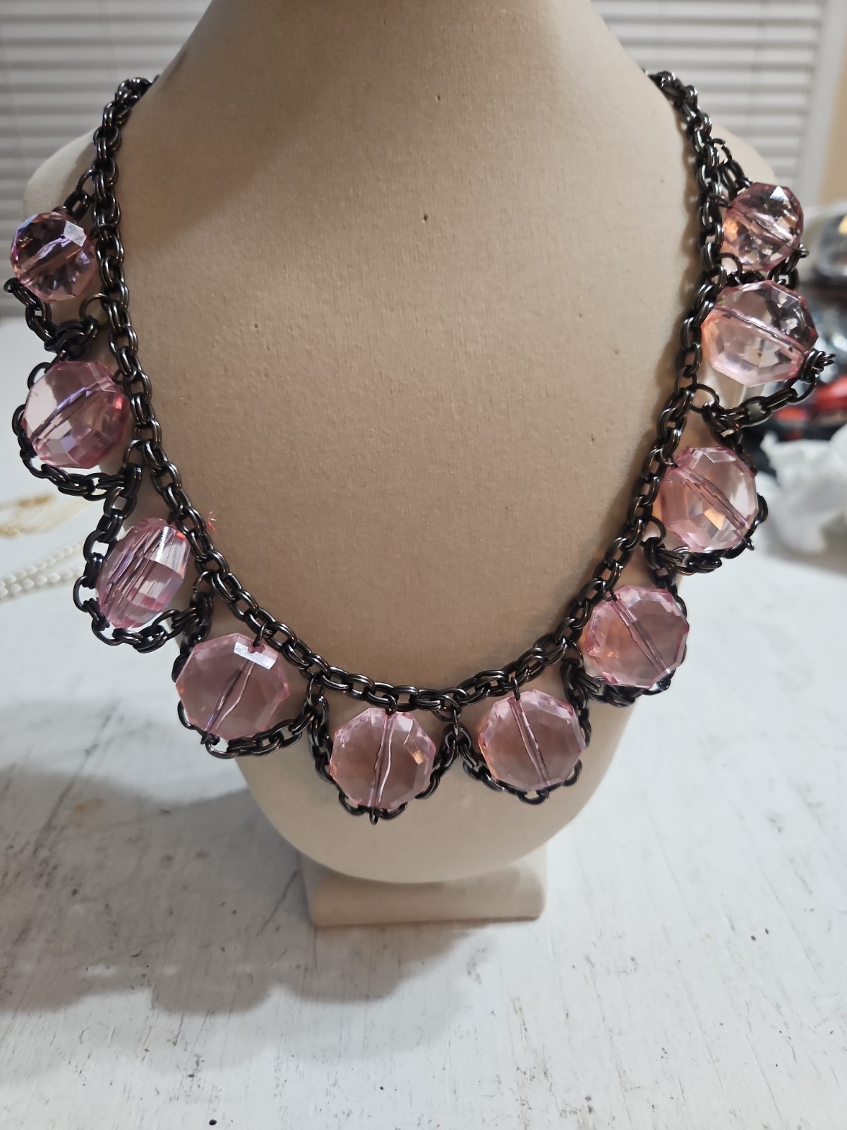 Vintage Beaded Necklace 18” Boho Pink, Gunmetal, Gray, Bib Statement