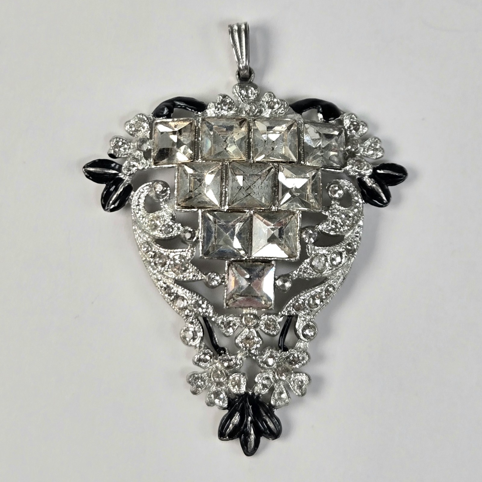 Art Deco Rhinestone & Black Enamel Lavaliere Pendant Only