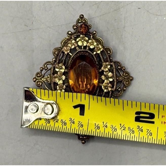 Vintage Brass Filigree Amber Glass Floral Brooch Victorian Revival Pin