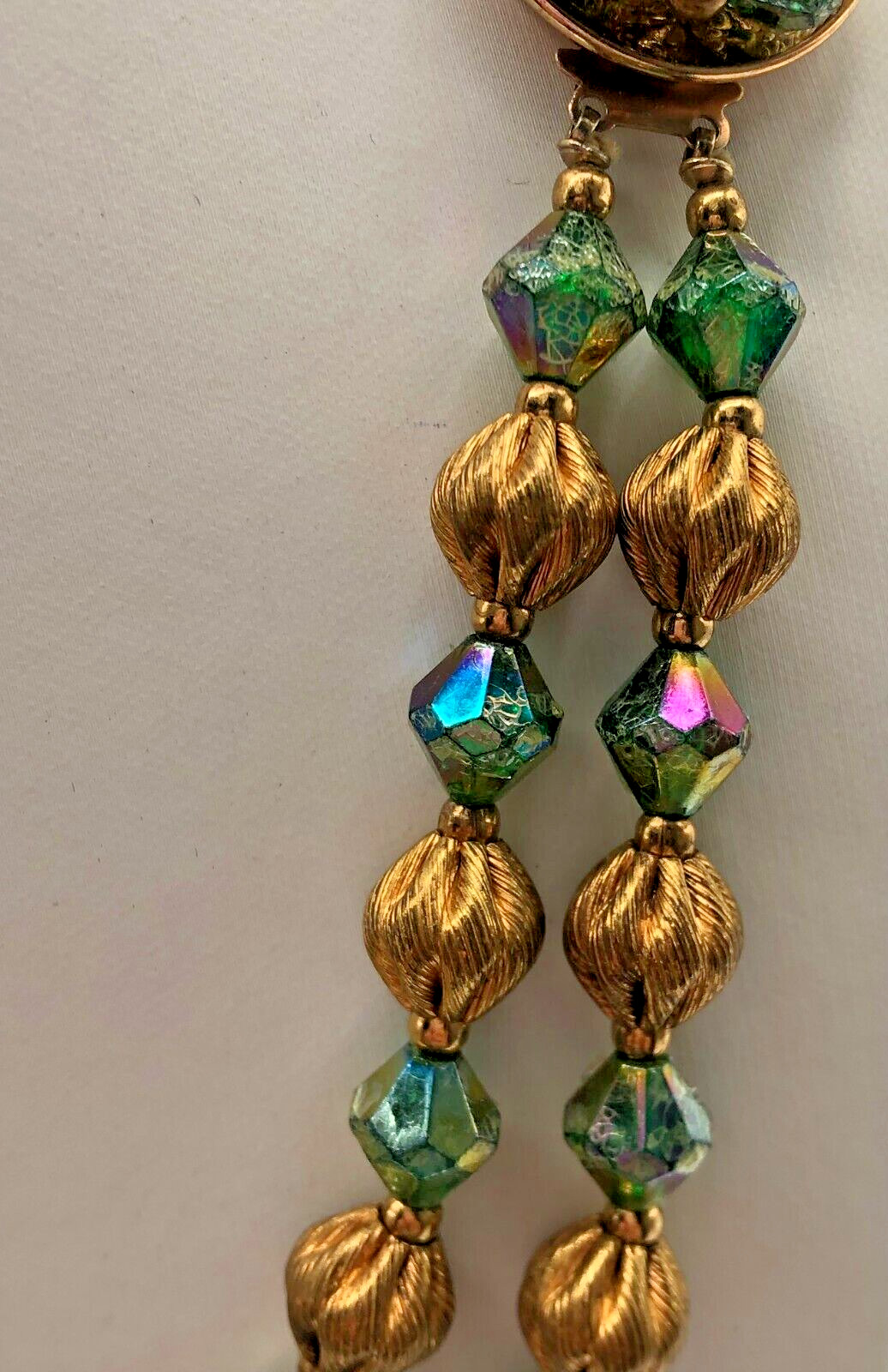 VTG 2 Strand Green AB & Gold Tone Bicone Bead Necklace MCM 1960s Estate