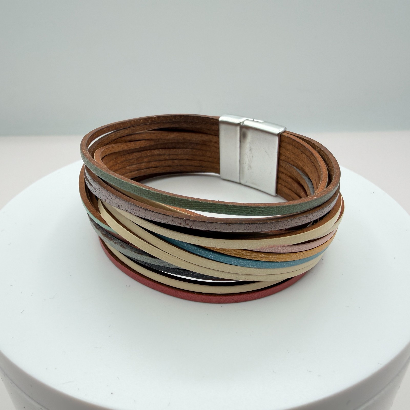Vintage Multi Strand Leather Wrap Cuff Bracelet Magnetic Clasp Boho Multicolor