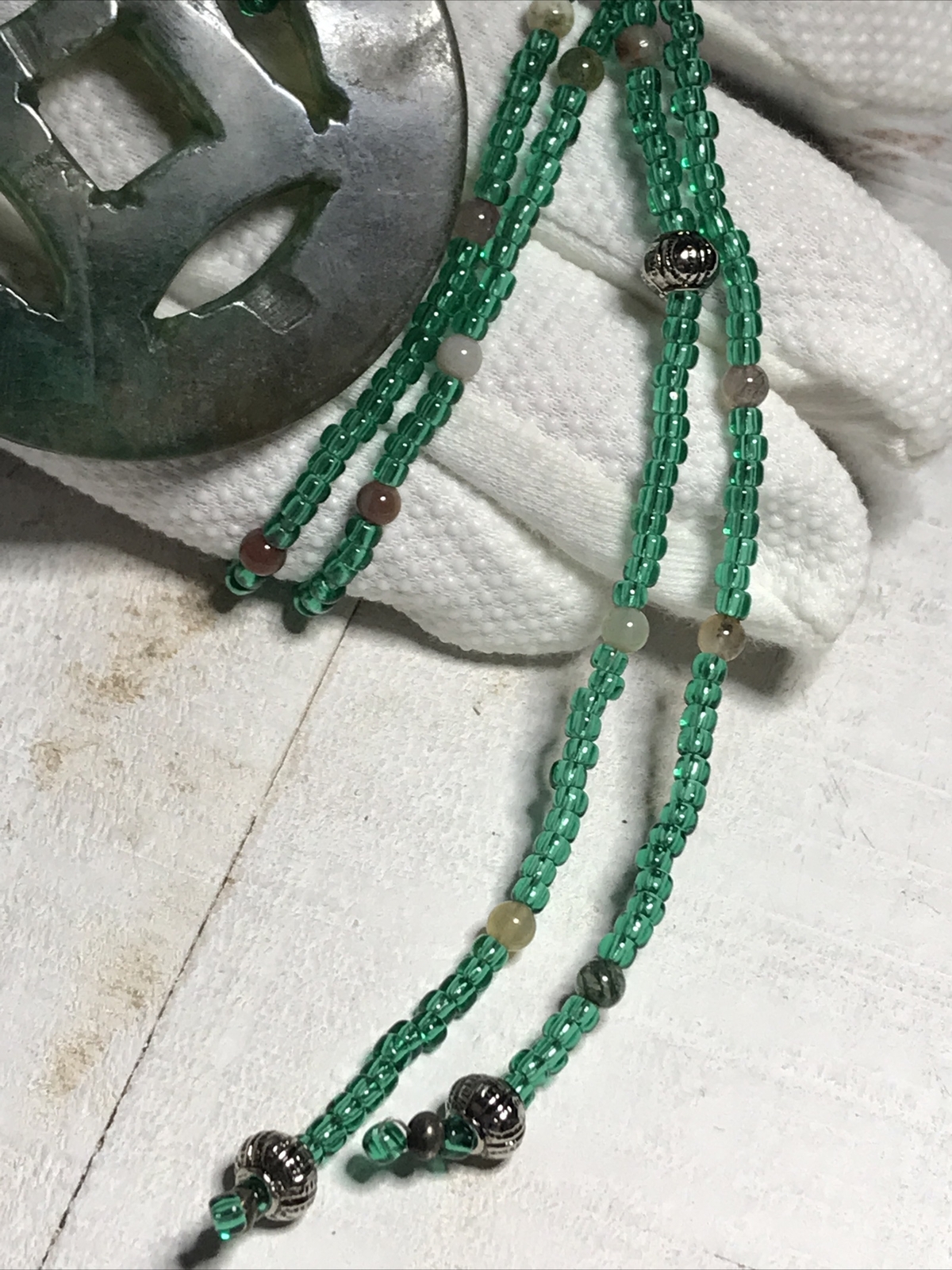 VTG Jade Pendant Natural Gem Hand Carved Necklace 2.25” Disk Green Seed Bead