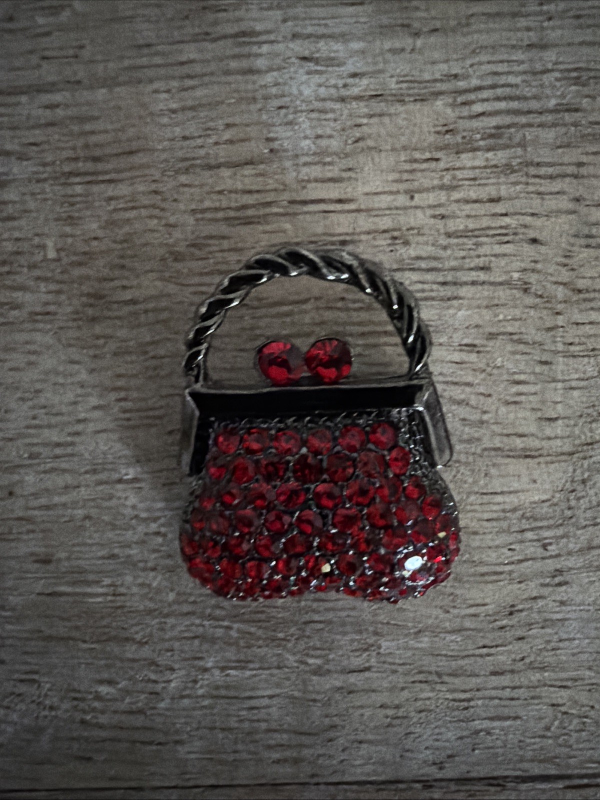Gunmetal Silver Tone Red Rhinestone Mini Purse Small Brooch Pin Vintage 1 Inch