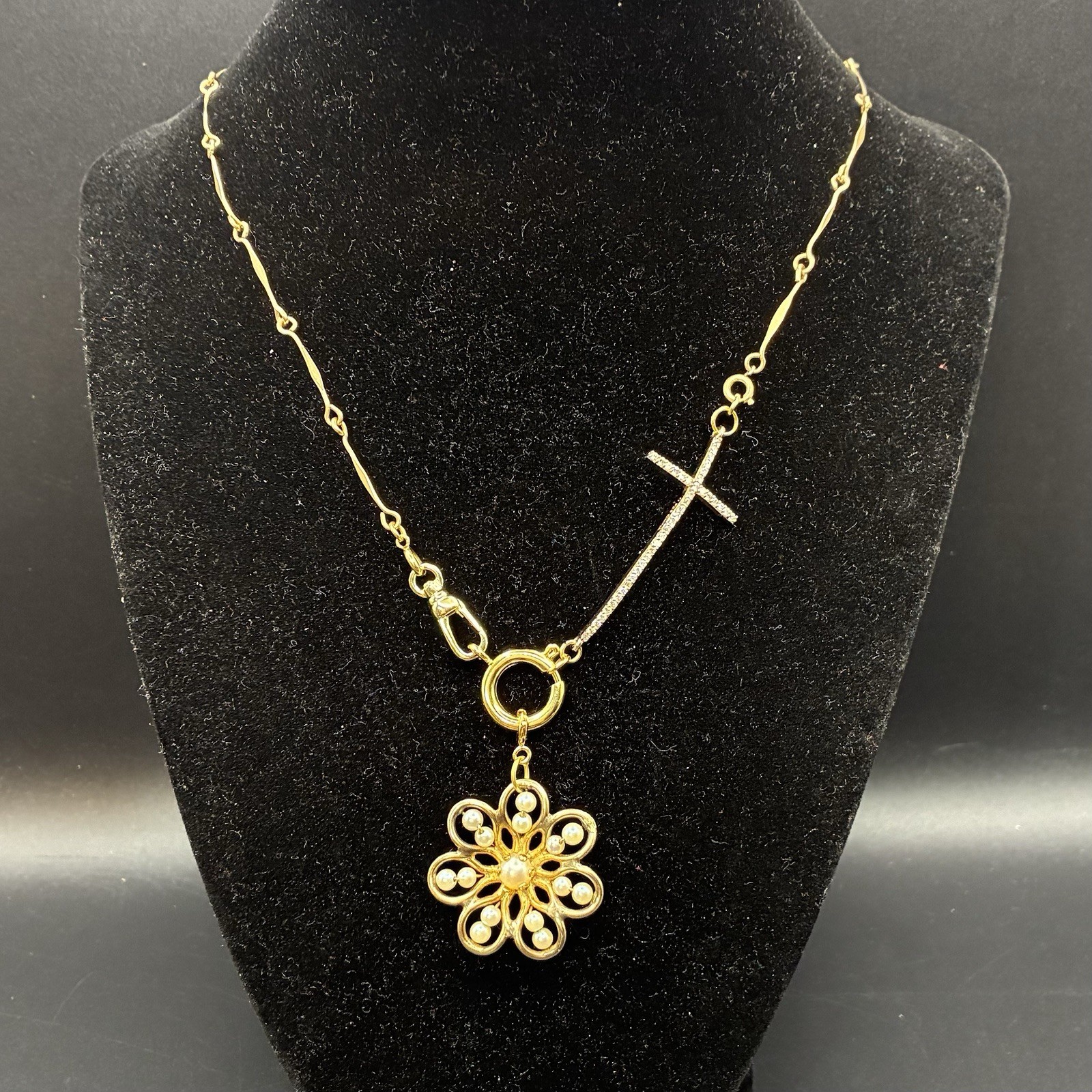 Vintage 12k Gold Filled Pocket Watch Chain FOB, Dog Clip, Cross & Pearl Charms