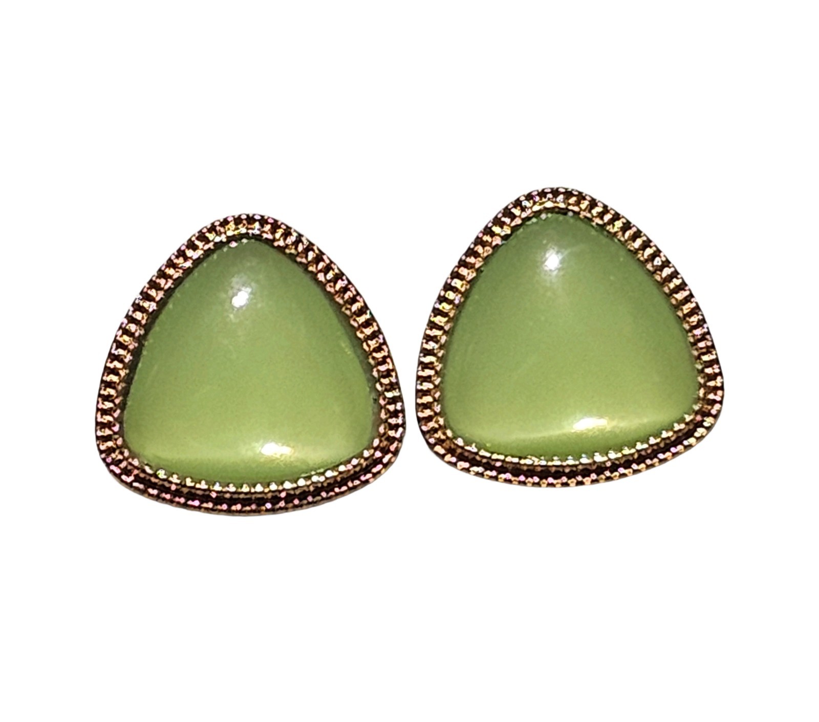 Vintage Retro Green Trillion Cabochon Stud Earrings Gold Tone Textured Border