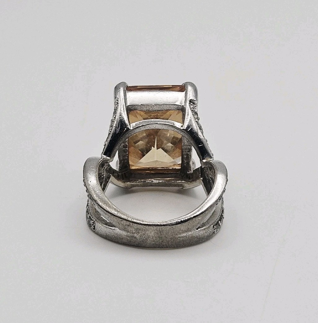 Sterling Silver Vintage 12.14ct Citrine & CZ Statement Ring Size 8
