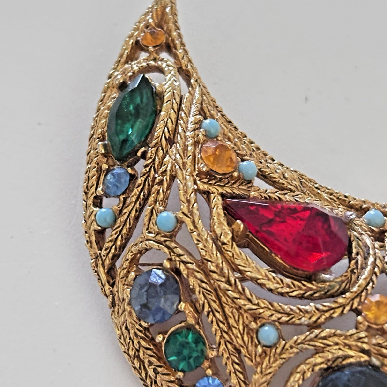 LaRoco Attributed 1950s Moon Brooch Colorful Gold Tone Rhinestones Florenza?