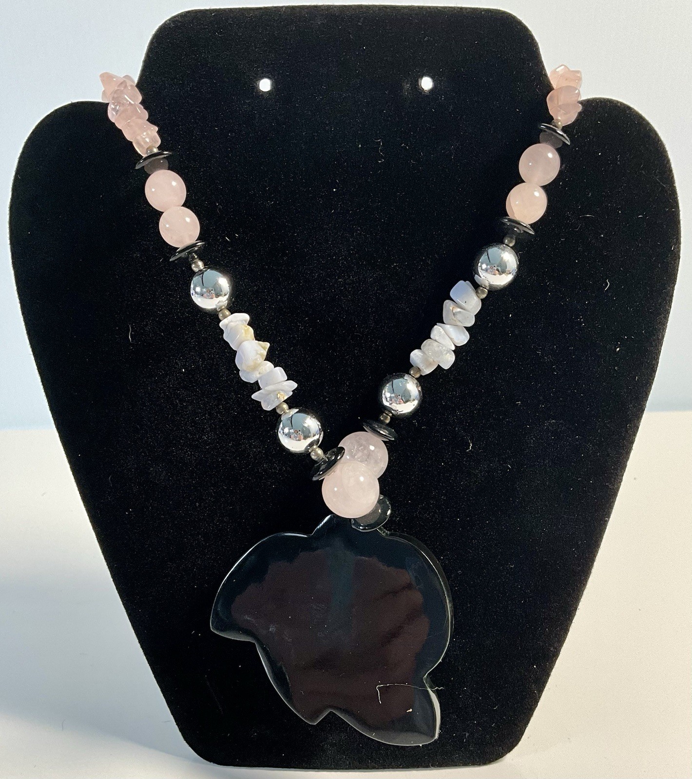 Vintage 1980’s Stunning Abalone Lucite Rose Quartz Bead Fashion Necklace EUC
