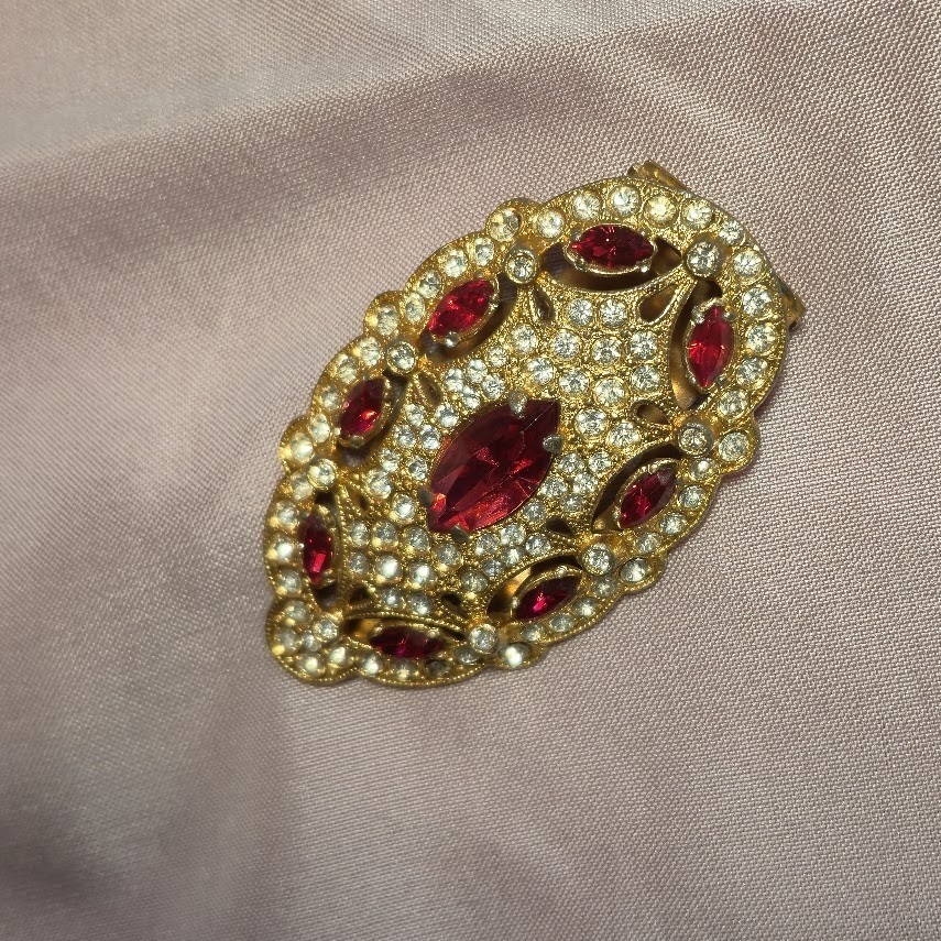 2.5 Inch Fur Dress Clip Vintage 1950 Gold Tone with Red Marquise Clear Round gem