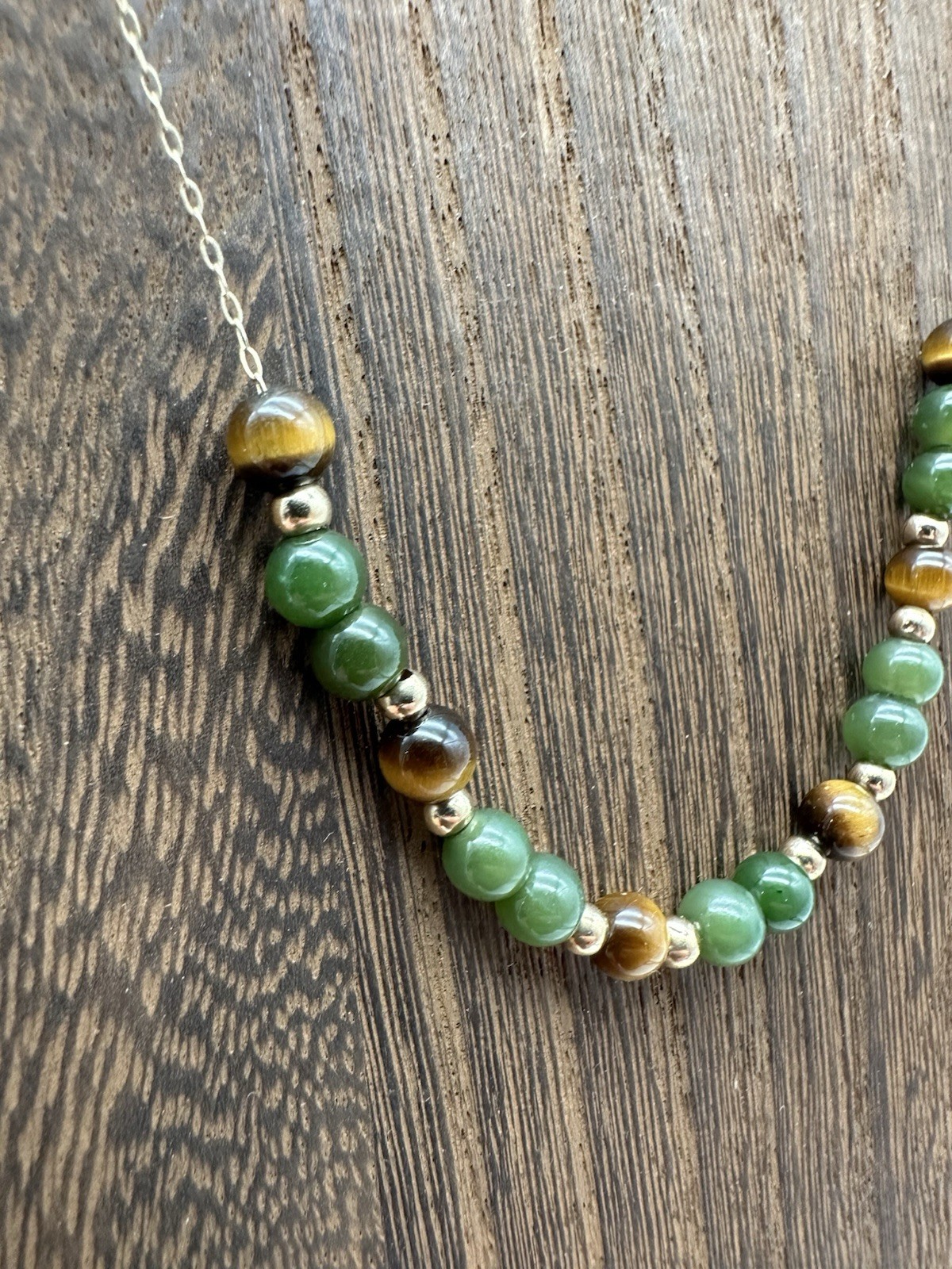 Vintage 14K Yellow Gold 1980’s Add A Bead Necklace Threader Chain Jade Tiger Eye