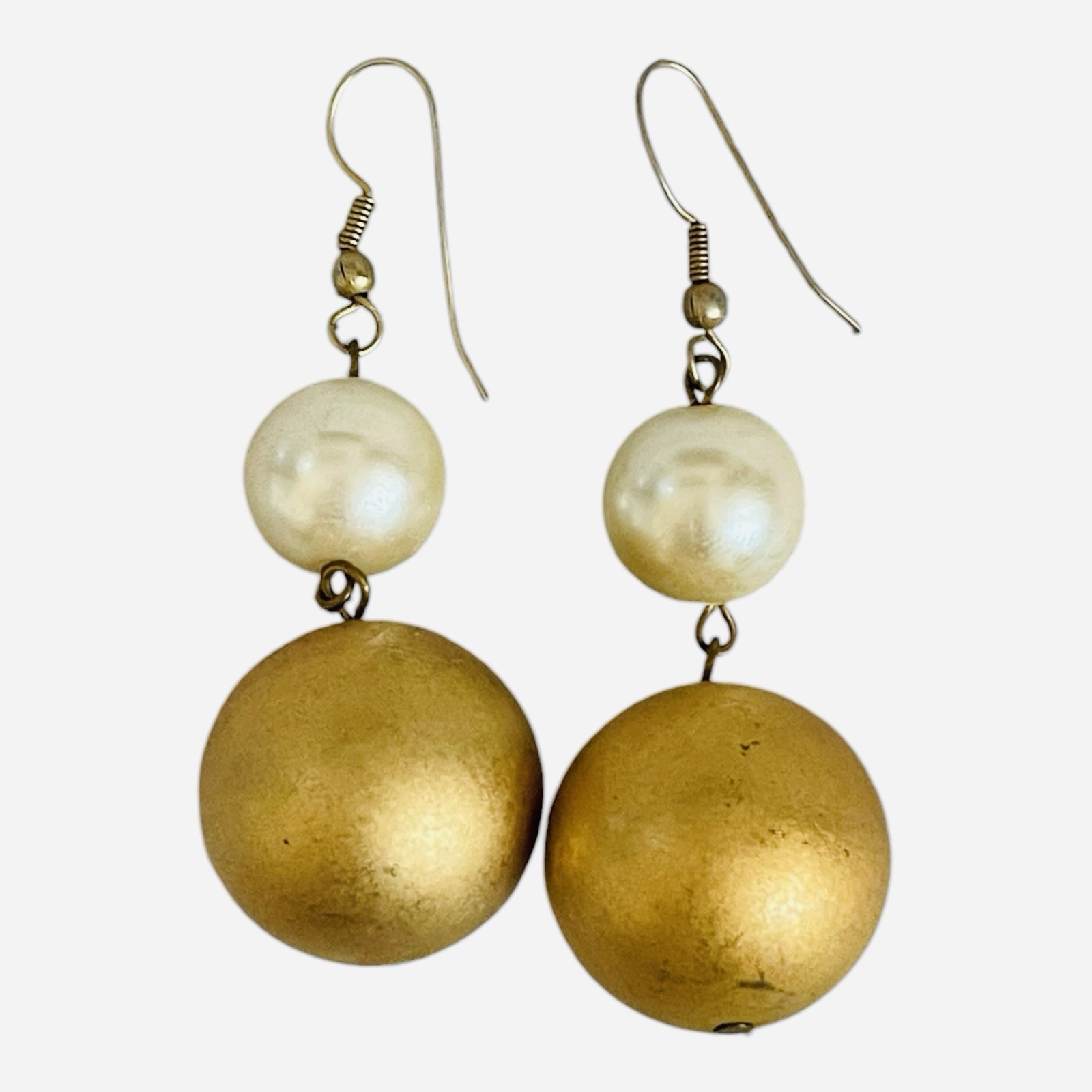 Vintage Gold White Double Ball Drop Dangle Earrings 2.5″ Hook Style Heavy VG