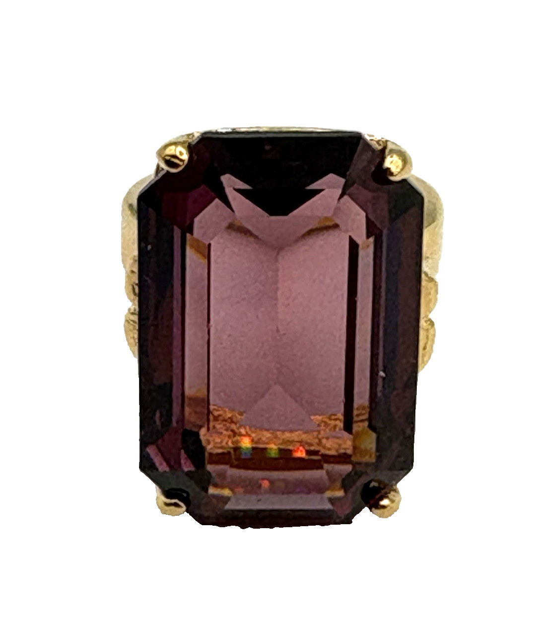18K HGE Emerald Cut Purple Stone Vintage Rectangular Cocktail Statement Ring