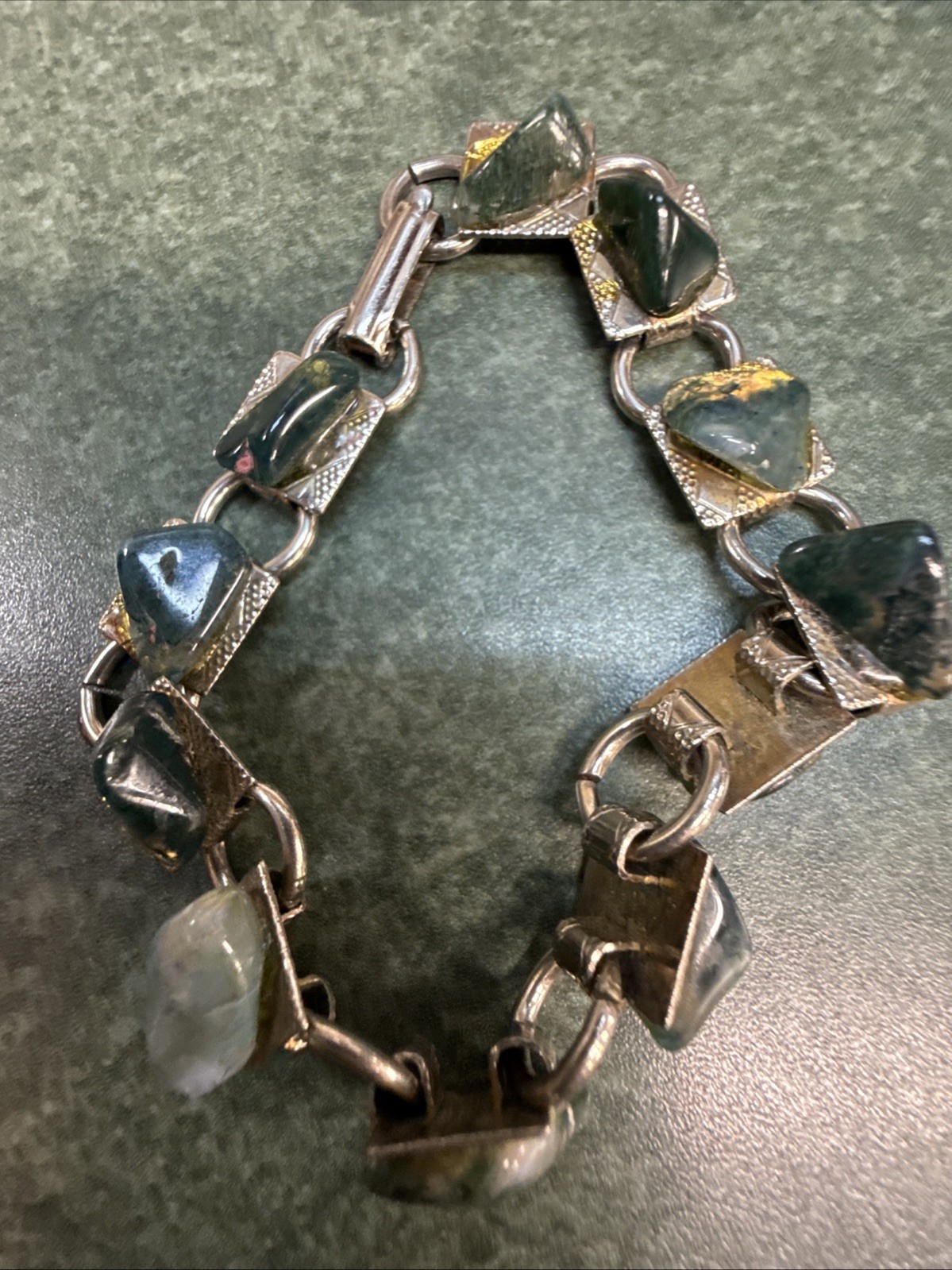 Vintage Polished Stone Link Bracelet multi color natural Green-earthtone jewelry
