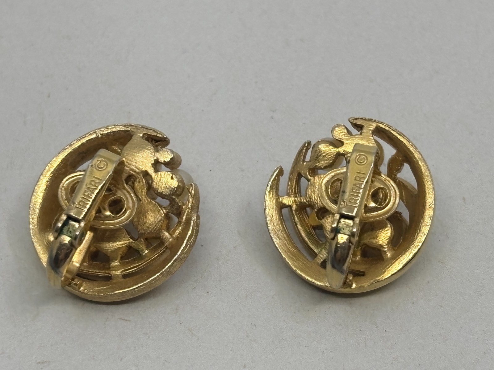 2 Pairs Vintage 1955-1980s TRIFARI Clip On Earrings Gold Tone