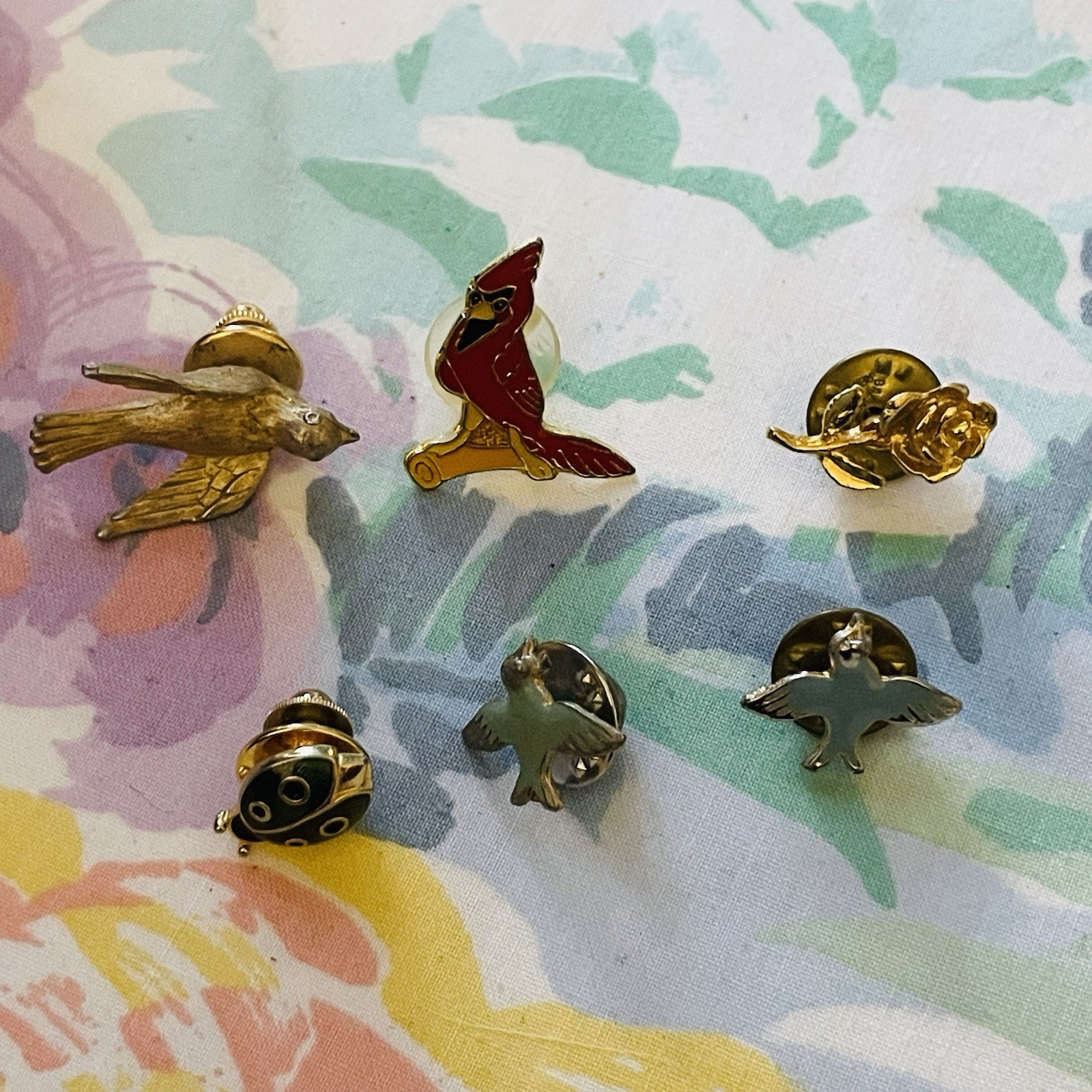 Vintage Pins Lot of 6 Bird Lady Bug Rose Gold Tone Lapel Pins