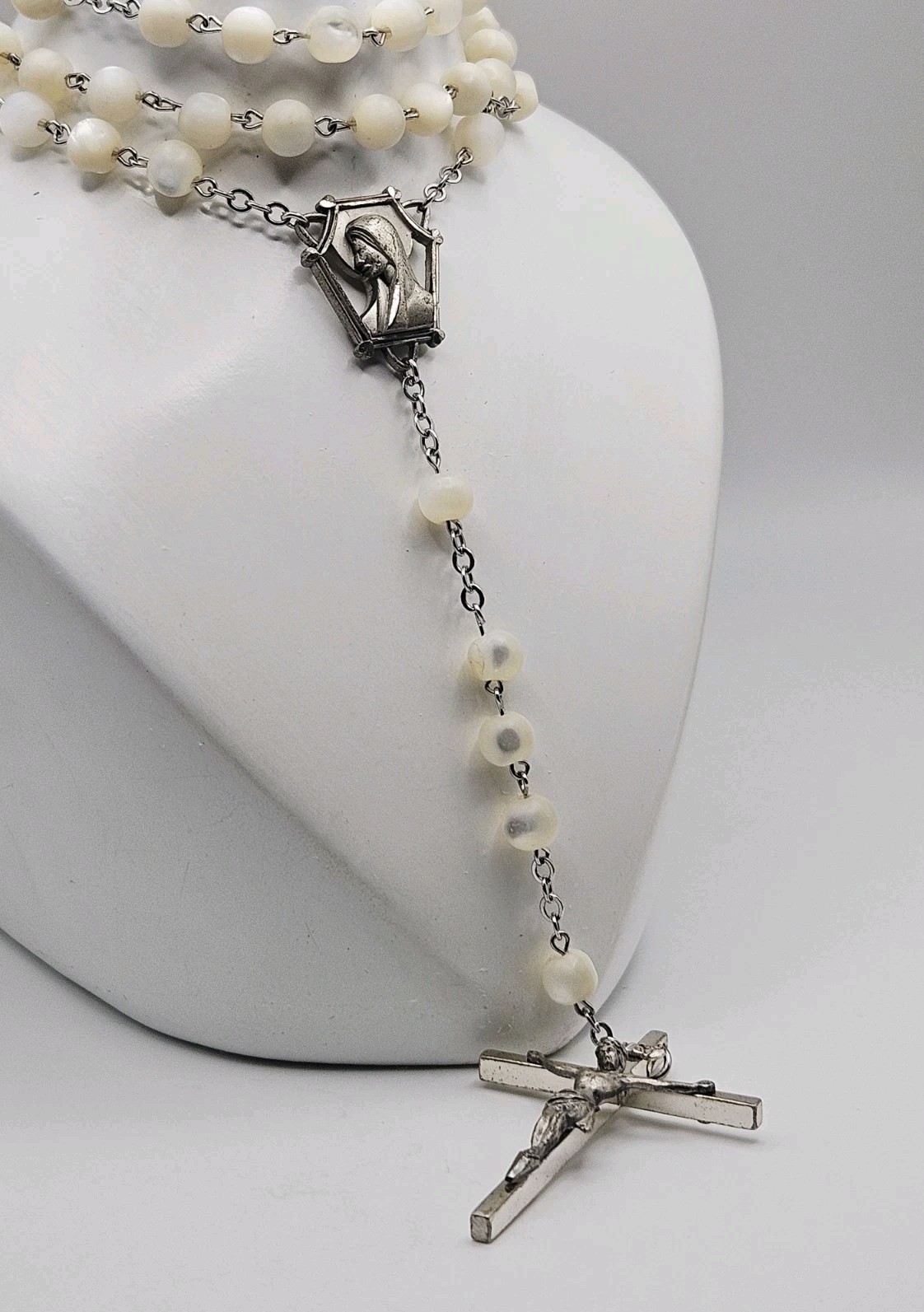 Gale Sterling Silver Mother Of Pearl Beaded Rosary Lariat Necklace 27″