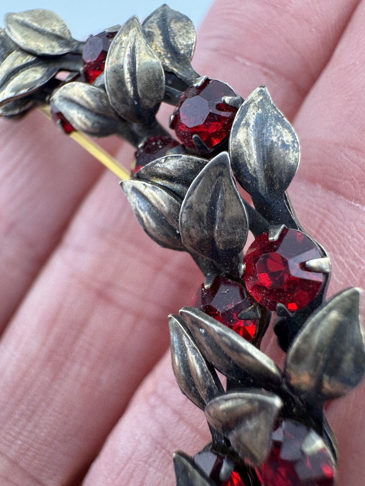 Vintage 1940’s Sterling Silver Ruby Red Crescent Leaf Brooch – READ NOTES