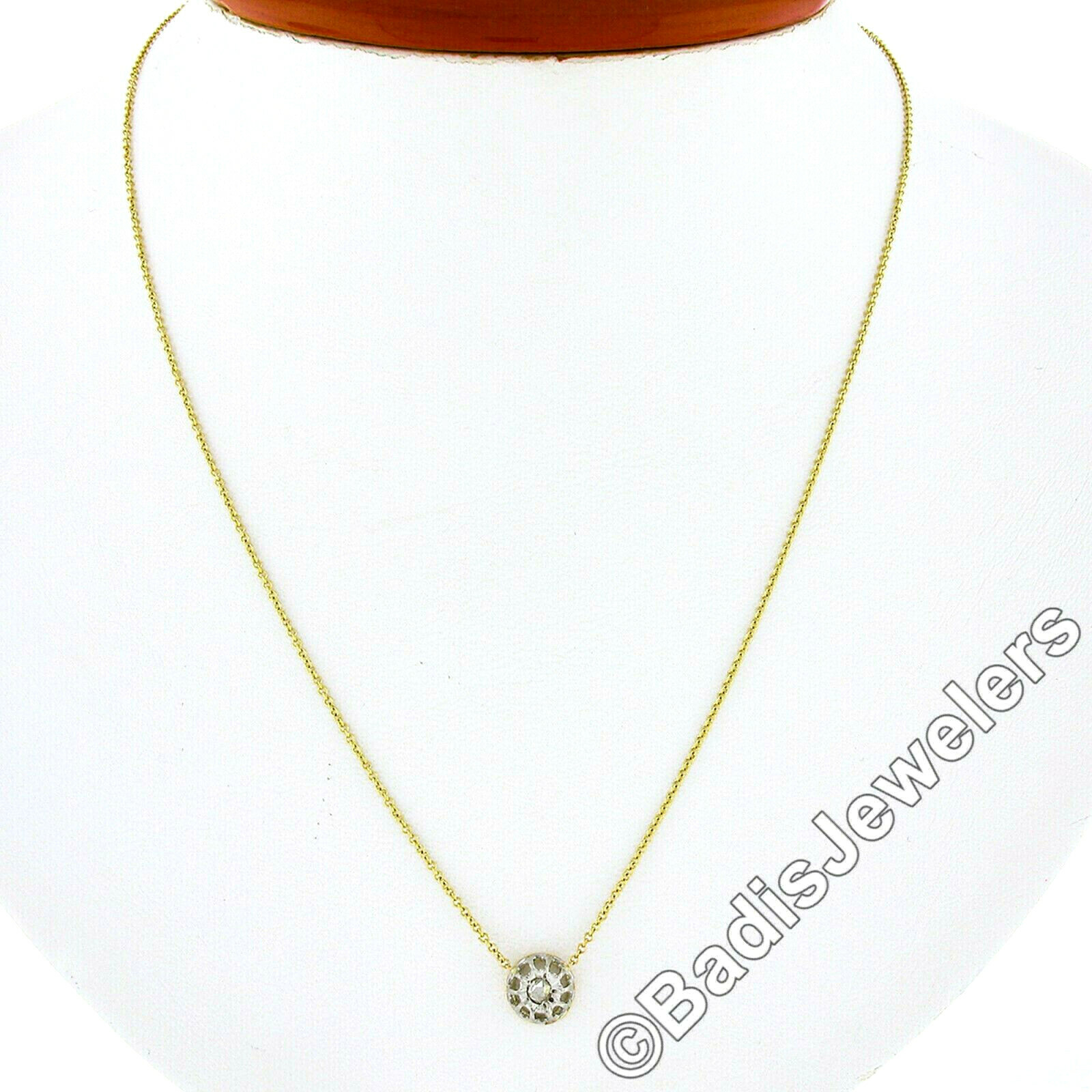 Antique 18k Gold & Platinum 0.06ctw Rose Cut Diamond Solitaire Pendant w/ Chain