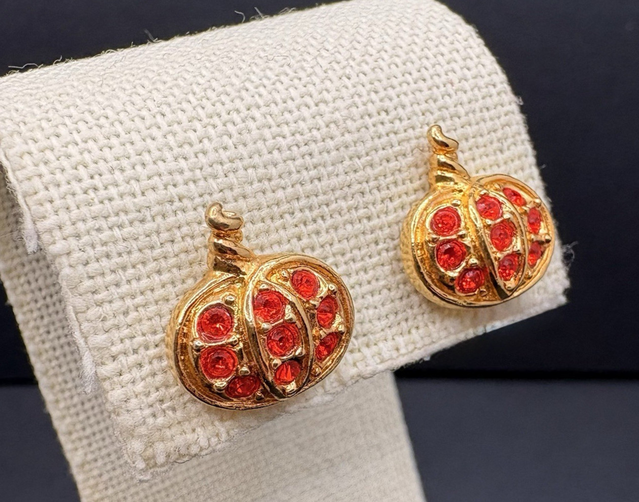 Vintage Avon Precious Pumpkin Pierced Earrings Orange Crystals Gold Tone Dainty