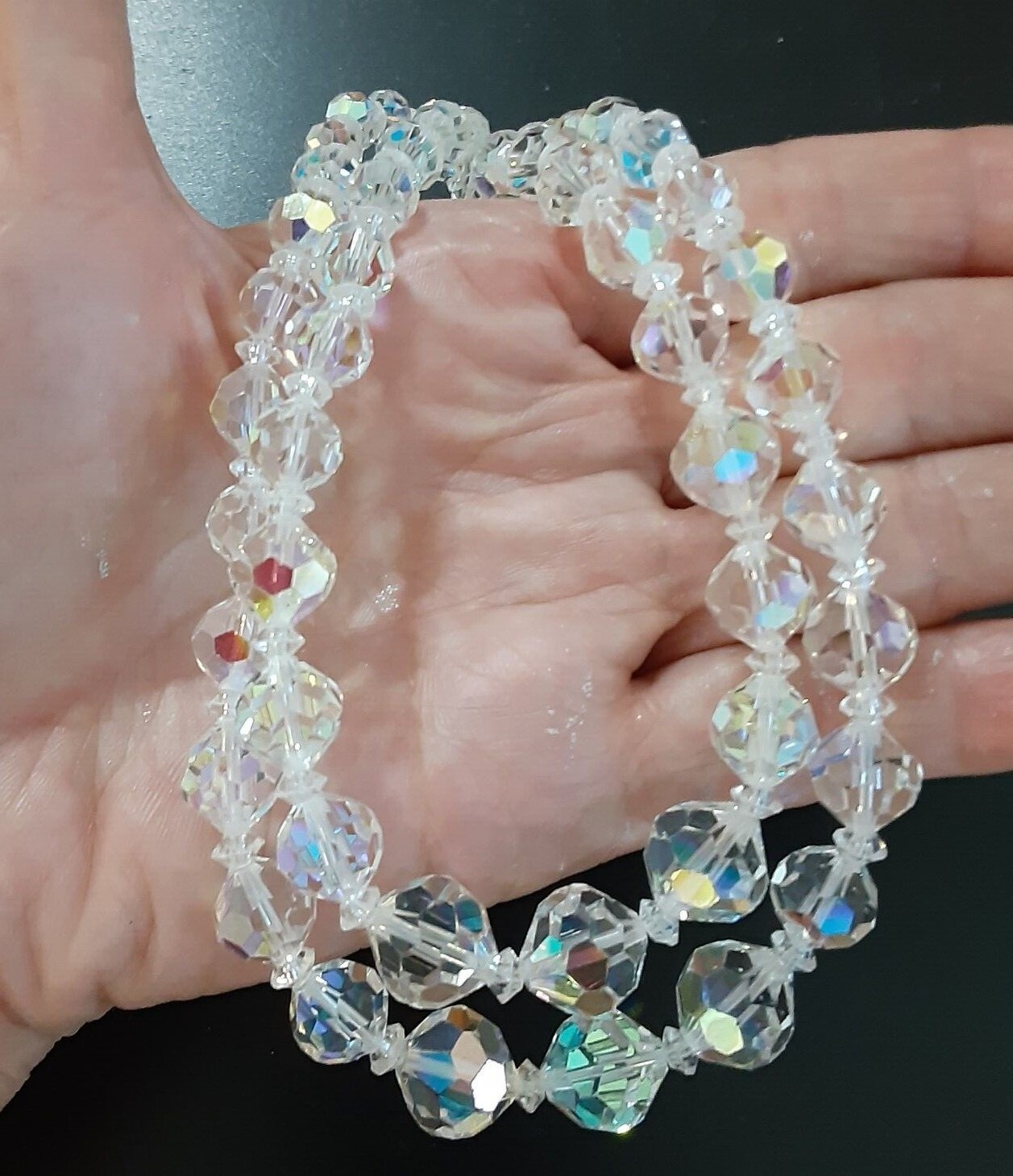 Vintage Clear Crystal Bead Necklace Double Strand 6-12mm 14*16.5 in