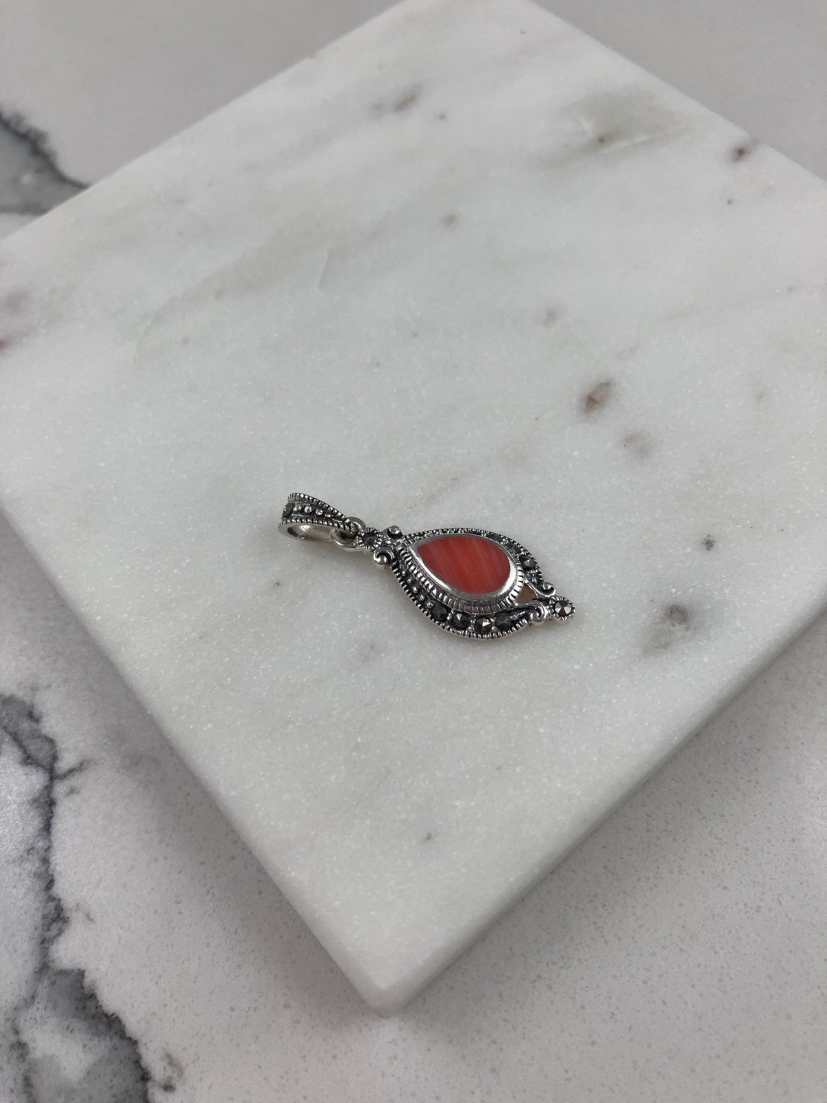 Vintage 925 Sterling Silver Pink Coral Deco Marcasite Teardrop Pendant
