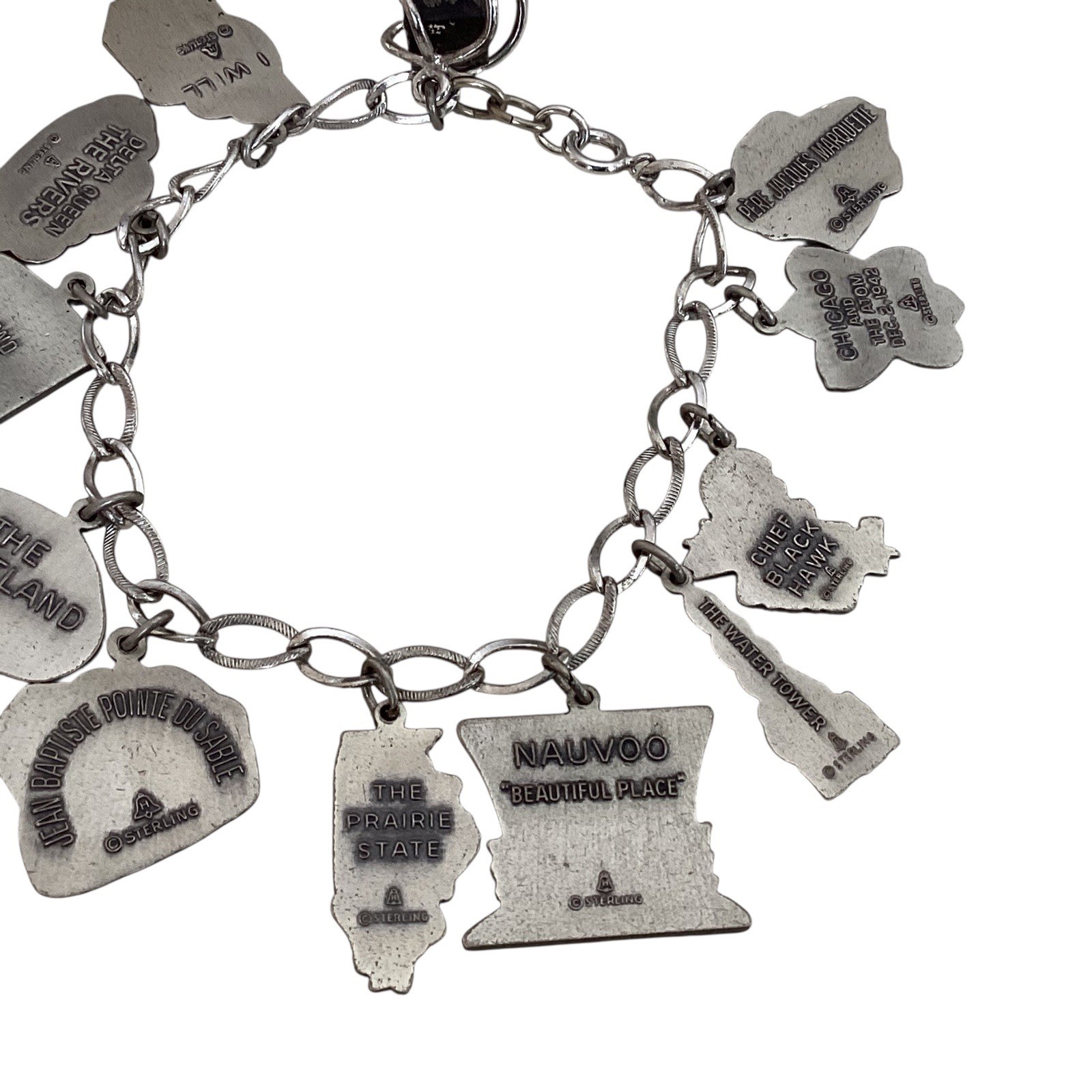 Sterling Silver Historic Illinois Charm Bracelet Lincoln Heartland Chicago 44g