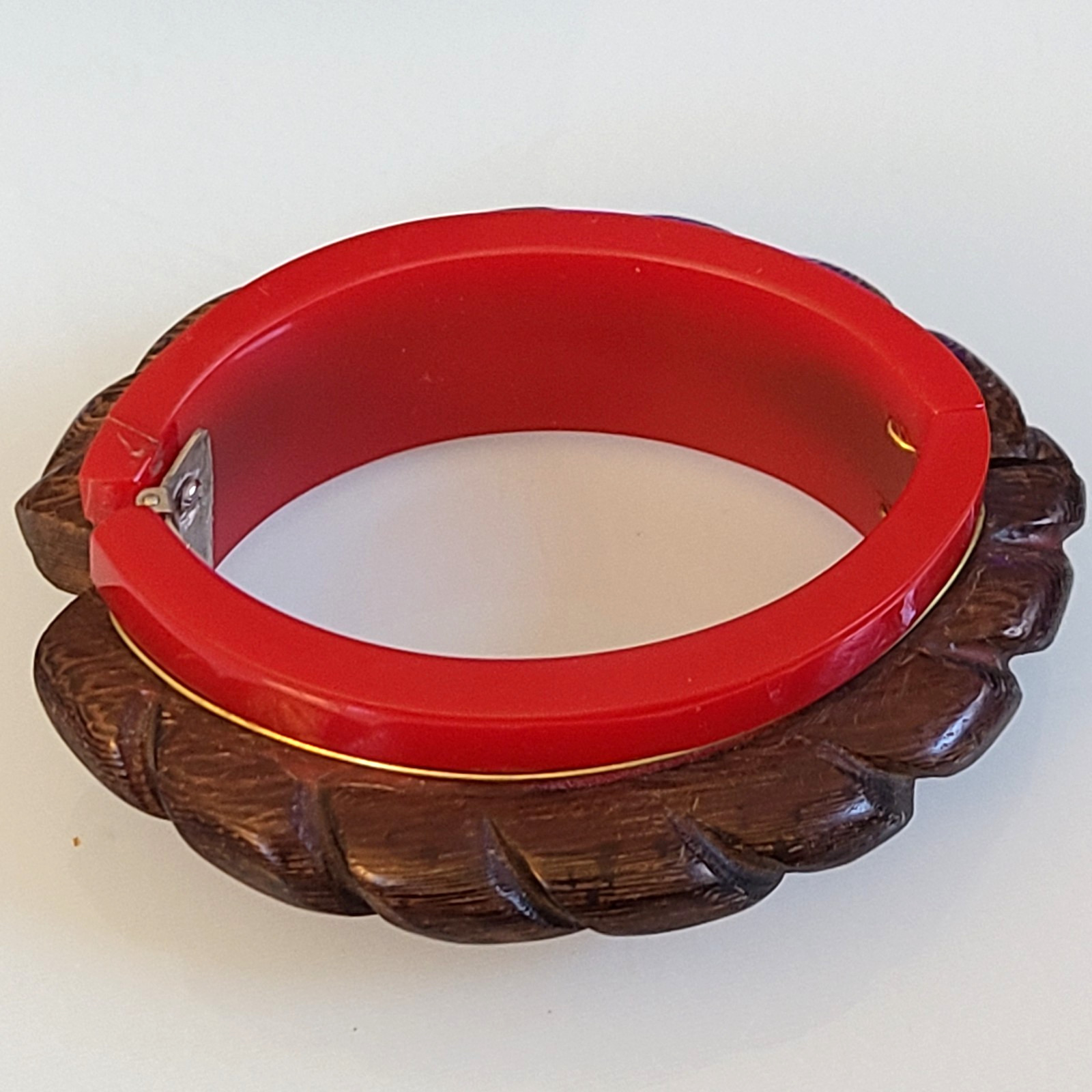 DANNIJO Vintage Carved Wood & Red Resin Hinged Bangle Bracelet Chunky Boho Cuff