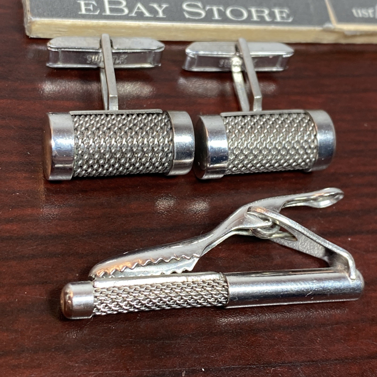 Vtg Round MESH Swank Cuff Links Tie Clip Bar Set (LOOKS LIKE A RETRO MICROPHONE)