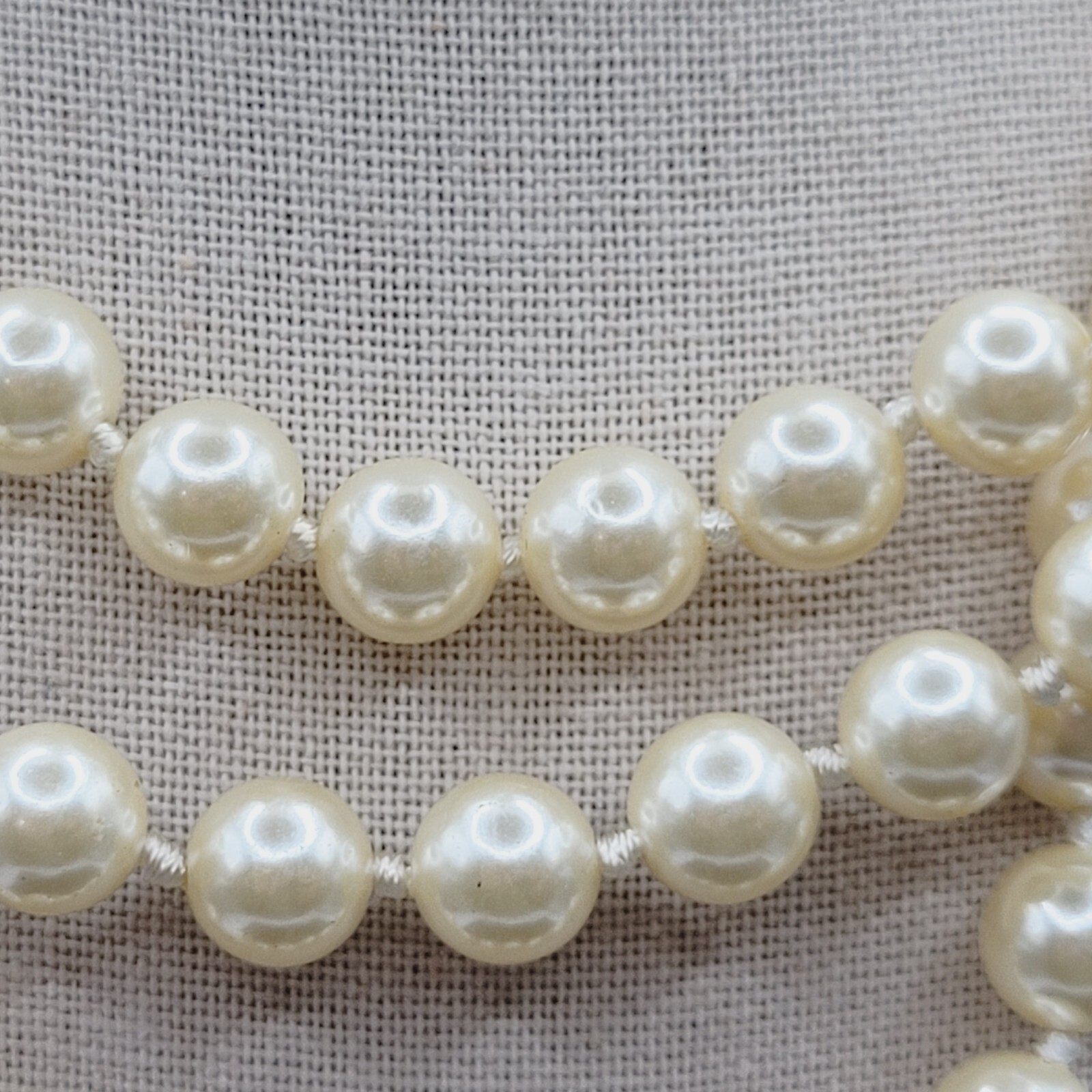 Triple Strand Off White Faux Pearl Knotted Necklace with Gold Tone Clasp 15 Inch