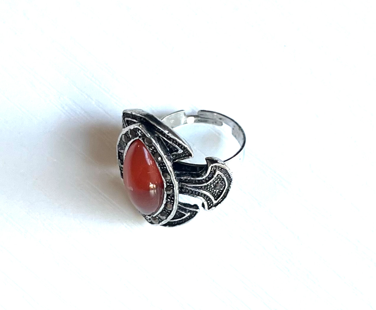 Vintage Carnelian & Marcasite Cross-Shaped Statement Ring Size Adjustable