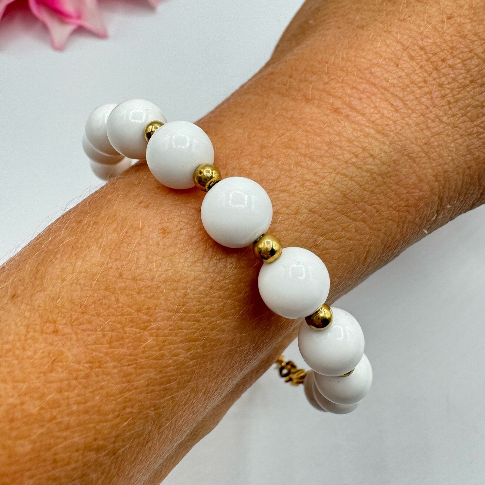 Vintage Monet White Beaded Signed Bracelet Gold Tone Chic Classic Sister Clasp