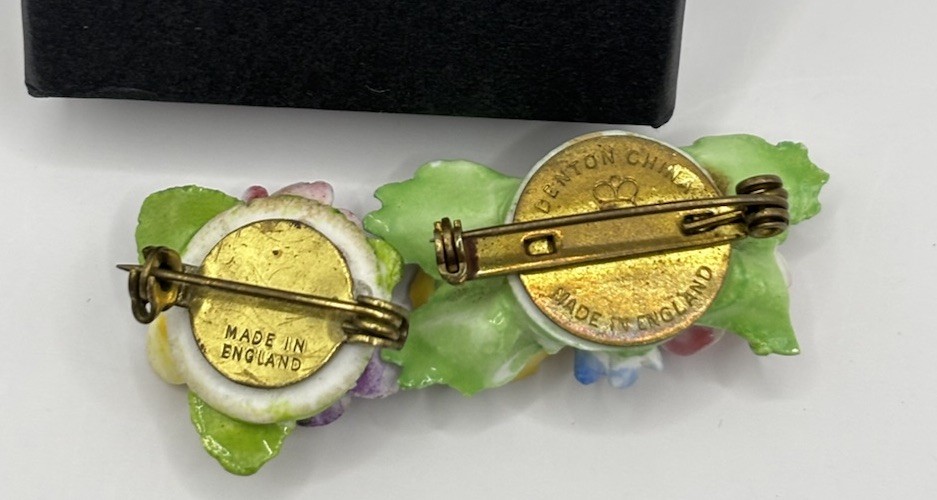 Vintage Set Of 2 Floral Bone China Pin Brooch Hand Painted In England