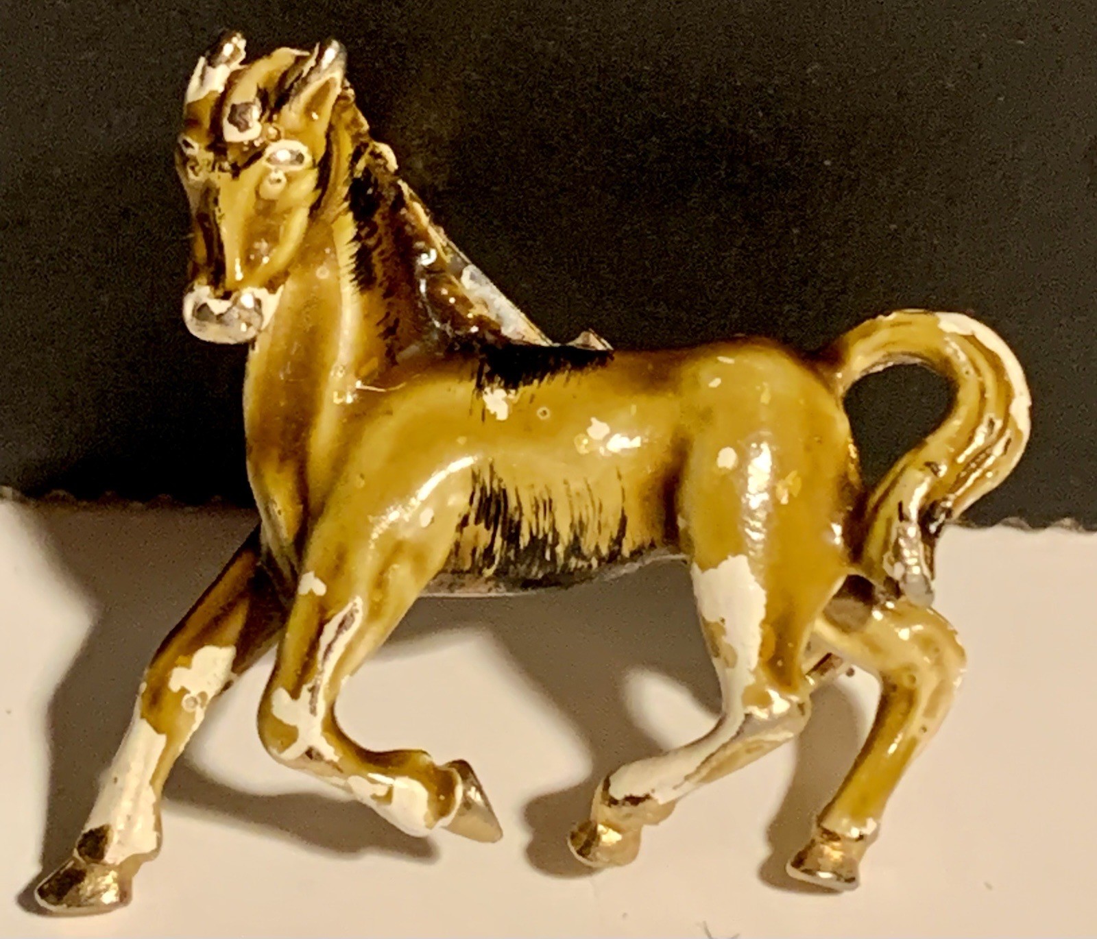 Gold Tone Enamel Paint Horse Equestrian Brooch Vintage