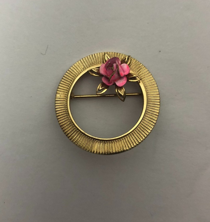 Vintage Gold Tone Overlay Circle Pin/Brooch with Rose Flower Women’s Jewelry