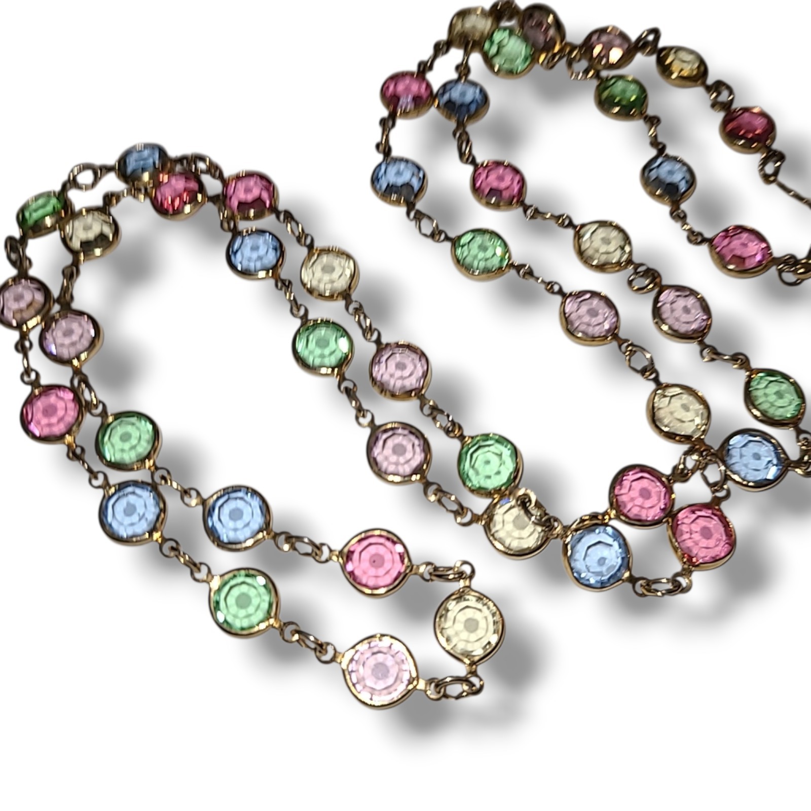 Austrian Crystal USA Vintage Necklace Multi-Color Open Bezel Gold Signed 34″