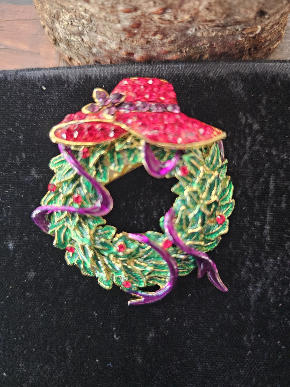 Vintage Red Hat Society Enamel Rhinestone Wreath Brooch Purple Ribbon